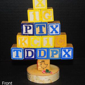 VTG Wooden Alphabet Blocks Blue & Yellow Holiday Tree Shelf Sitter 16 Blocks